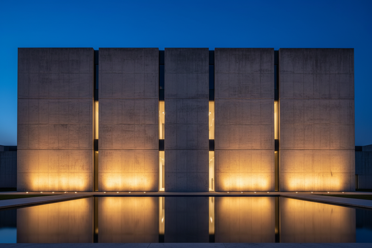 Contemporary art gallery exterior with minimalist concrete facade and precise linear LED wash lighting
